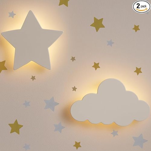 KALEOLI Cloud & Star Wall Lights 2 Pack - Dimmable & Rechargeable Nursery Night Lights for Kids & Baby Room Decor - Made for Bedtime Routines (Star Decals Included)