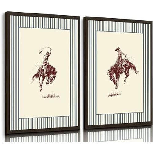 Vintage Striped Rodeo Wall Art Western Cowboy Wall Decor Pictures Blue White Striped Horse Canvas Posters Rustic Mid Century Modern Decor for Bedroom Bathroom Living Home Decoration 12x16in Unframed