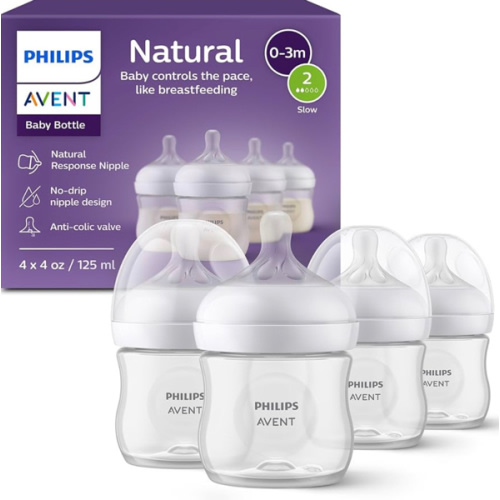 Philips Avent Natural Baby Bottles with Natural Response Nipples (Slow Flow, Flow 2), 4oz, 4-Pack, SCY900/04