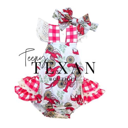 Toddler, Crawfish Romper, 1st Birthday Outfit, Red Plaid Romper, Summer Crawfish Outfit, Crawfish Birthday Outfit, Crawfish Headwrap Bow