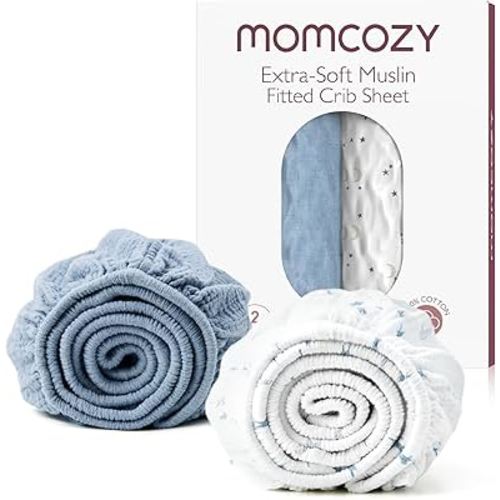 Momcozy Muslin Fitted Mini Crib Sheets, 38''x26'', 2 Pack Soft Breathable Natural Cotton Baby Mattress Sheet, 360° Mattress Wrapping No Slip Boys Girls Neutral Toddler Bed Sheet, Blue Star Moon