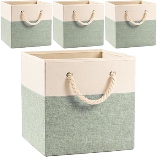 PRANDOM Large Foldable Cube Storage Bins 13x13 inch [4-Pack] Fabric Linen Storage Baskets Cubes Drawer with Cotton Handles Organizer for Shelves Nursery Closet Bedroom Beige/Green