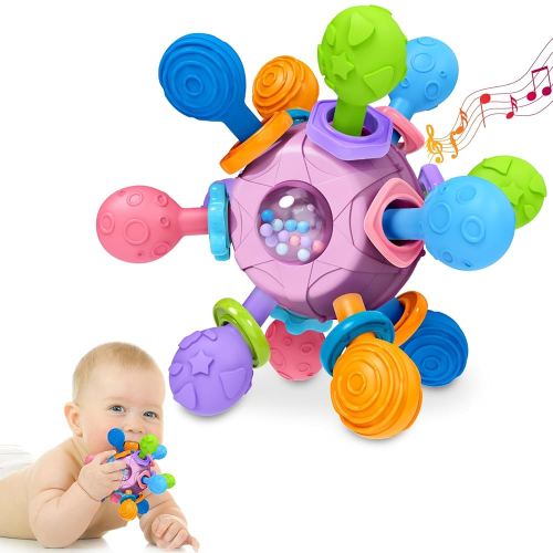 Baby Teething Toys Teethers for Babies Infant Baby Girl Toys Gifts, Newborn Rattles Chew Toys Sensory Learning Montessori Toys for Babies - Purple