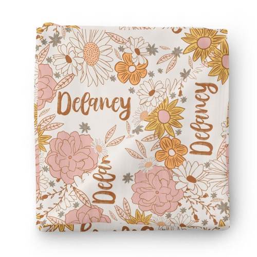 Boho Floral Personalized Baby Name Swaddle Blanket