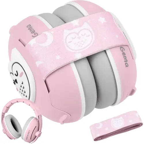 Lilian&Gema 2-in-1 Baby Ear Muffs Noise Protection up to 48 Months - Cute Owl Ear Protection for Infant & Toddler - Baby Airplane/Travel Essentials - Adjustable Noise Reduction Earmuffs, Pink