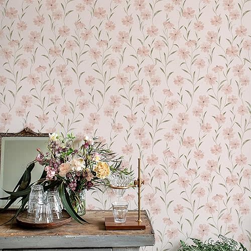JiffDiff Floral Wallpaper Peel and Stick Daisy Wall Paper Pink Summer Flowers Nursey Room Self Adhesive Wallpaper Contact Paper Stick for Bathroom Furniture(393" X 17.3", Pink Floral)