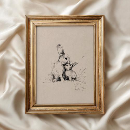 Vintage Mother and Baby Rabbit Sketch | Antique Bunny Wall Art | Neutral Nursery Decor | Cottagecore Nursery Print | Digital Download
