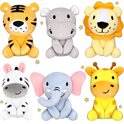 Aoriher 6 Pcs Mini Stuffed Forest Animal Bulk Jungle Plush Animal 4 Inch Plush Elephant Lion Tiger Giraffe Panda for Baby Shower Christmas Birthday Gift Stuffer Themed Party Decoration(Lovely)