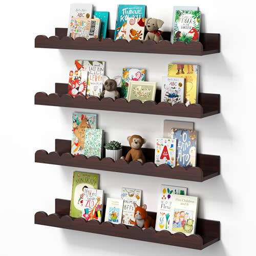 Walnut Scalloped Book Shelf, Dark Wood Nursery Book Shelves Set of 4 Pine Wooden Floating Bookshelf for Wall Cloud Picture Ledge Shelf for Kids Bedroom Baby Child Toddler Room Kitchen (40cm)