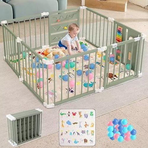 Foldable Wooden Baby Playpen with Soft Play Mat, Adjustable Playpen for Babies and Toddlers with 36 Colorful Balls, Portable Baby Fence Play Area Activity Center with Gate for Toddlers(56x56x23inches)