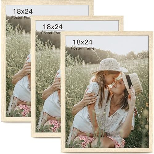 18x24 Frame Set of 3, Natural Wood Grain 18x24 Poster Frame for Gallery Wall Mounting (3 Pack,Natural)