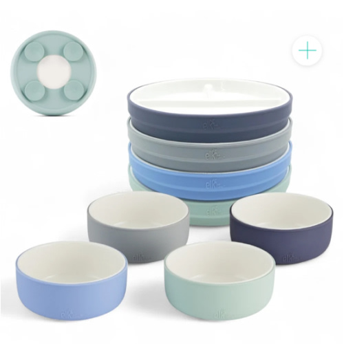 Kids Porcelain Mealtime Bundle | Suction Sleeves | 6.7" Plates + Bowls | 8 Pcs | Sage/Misty Blue/Navy/Gray