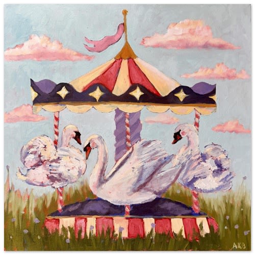 Fine Art Print, 'Swan Carousel', Whimsical art, nursery, little girls room