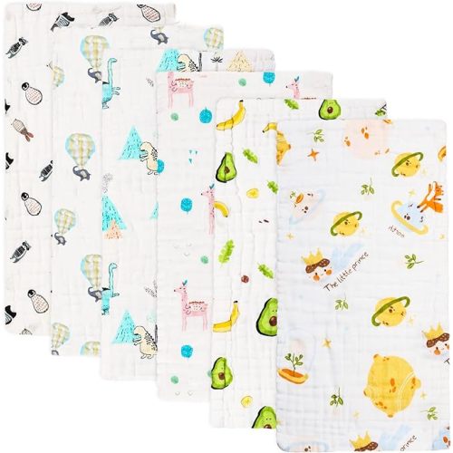 FOOK FISH Muslin Burp Cloths Cotton Burping Cloth 20'' X 10'' Pack of 6 for Baby Spit Up Cloths for Newborn,Absorbent,Soft,Large,6 Layers,Baby Burp Rags,Unisex,for Boys and Girls(Colorful)