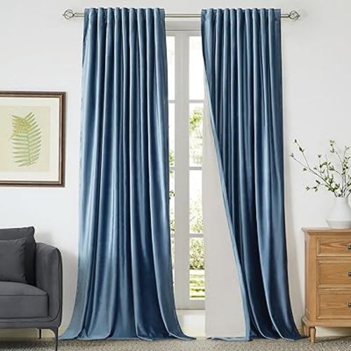 PRIMROSE 100% Full Blackout Velvet Curtains 96 inch Long for Living Room,Set of 2 Stone Grayish Blue Liner Rod Pocket Back Tab Thermal Window Curtains Room Darkening Curtains Drapes for Bedroom