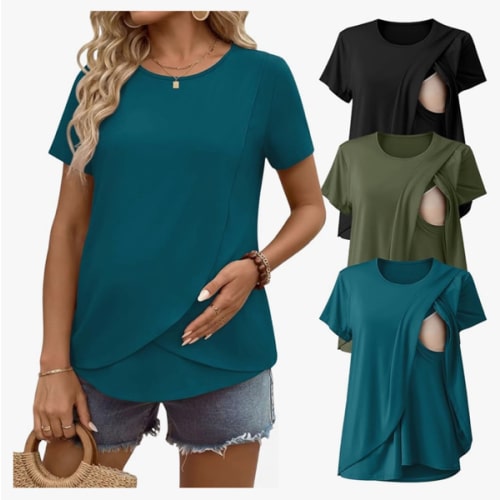 Ekouaer Nursing Shirts 3 Packs Short Sleeve Breastfeeding Tops Summer Maternity T Shirts Postpartum Double Layer Clothes