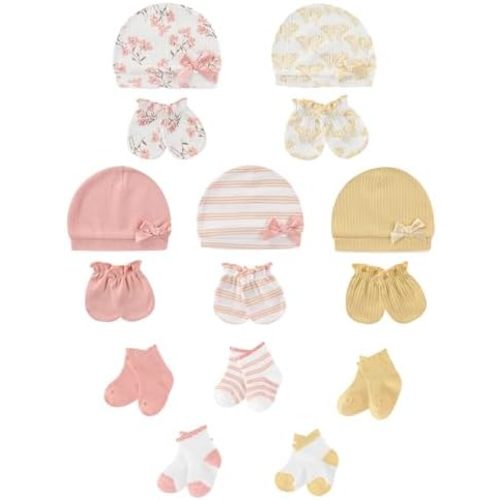 Baby Hats Mittens and Socks Set Soft Cotton Newborn Hat Glove for Boys Girls 0-6 Month