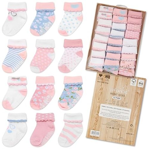 Baby Socks Cotton For Girls 12 Pairs – Soft And Comfortable Baby Girl Socks 0-6 Months, Adorable Sock Shoes For Baby Girl, Gift For Newborns