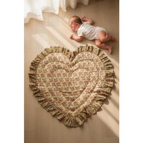Heart Shaped Baby Play Mat, Vintage Blue Floral Ruffle, Padded Cotton