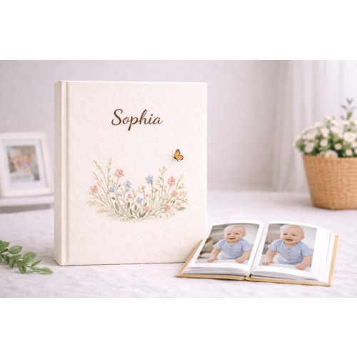 Personalized Photo Album, Hand Embroidered Linen Memory Book, Custom Newborn Heirloom Gift, Baby Shower Present