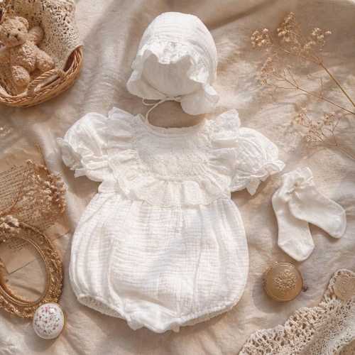 White Muslin Baby Girl Bodysuit Dress, Lace Trim, First Month Celebration Outfit