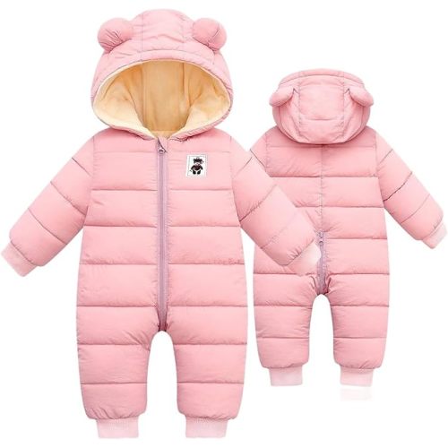 BYFRI Baby Boys Girls Snowsuit Newborn Cozy Winter Coat Infant Bear Hooded Jumpsuit Toddler Snow Outfit for 0-24 Months