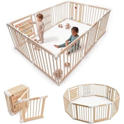 Adjustable 10-Panel Wooden Baby Playpen, 82x55x24 in