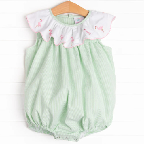 Flamingo Flock Embroidered Bubble, Green Seersucker – Stitchy Fish