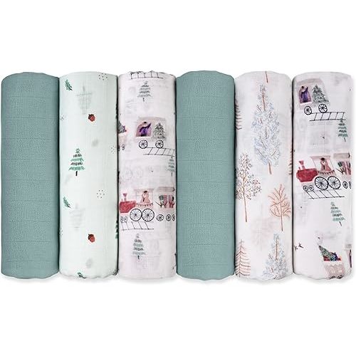 GLLQUEN BABY Receiving Blanket Boy Cotton Muslin Swaddle Blankets Girl Newborn Squares Breathable & Soft Thin Baby Blankets Cloths Double Absorbent Infant Swaddling Wrap - 6 Pack (Pine Tree & Train)