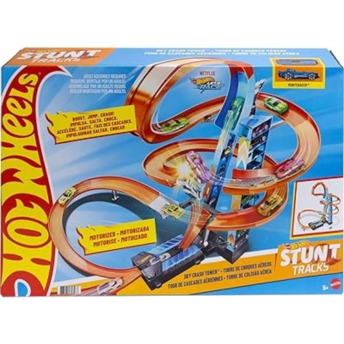 Hot Wheels Sky Crash Tower Track Set, 2.5+ ft / 83 cm High with Motorized Booster, Orange Track & 1 Hot Wheels Vehicle, Race Multiple Cars, Gift for Kids 5 to 10 Years Old & Up