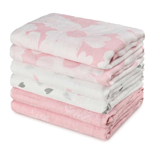 GLLQUEN BABY Receiving Blanket Boy Cotton Muslin Swaddle Blankets Girl Newborn Squares Breathable & Soft Thin Baby Blankets Cloths Double Absorbent Infant Swaddling Wrap - 6 Pack (Rosebud)