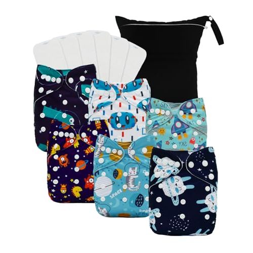 babygoal Dinosaur Cloth Diapers Pack of 13, Baby Reusable Washable Pocket Nappy, 6pcs Diapers+6pcs Rayon from Bamboo Inserts+Wet Bag
