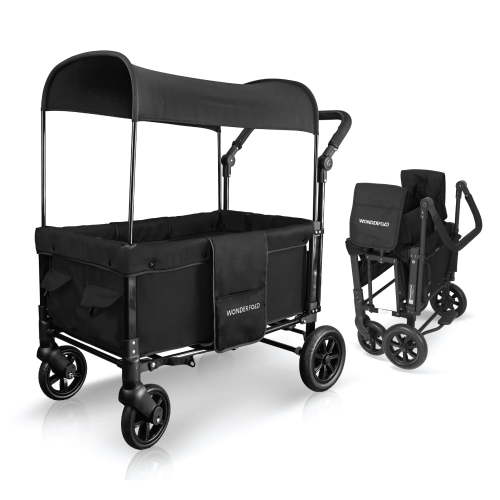 WONDERFOLD W1 Original Stroller Wagon (2 Seater) - Wagon Stroller with Seats with 5-Point Harnesses, Adjustable Push Handle, and Sun Canopy, Jet Black