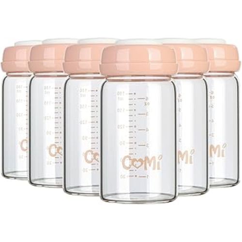 COMI Wide Neck Glass Breastmilk Collection n Storage Bottle, 6oz with Screw Ring Sealing Disk; Re-markable Sealing Disc. BPA Free, Fits Breast Pumps & Nipples (Pink Lids)