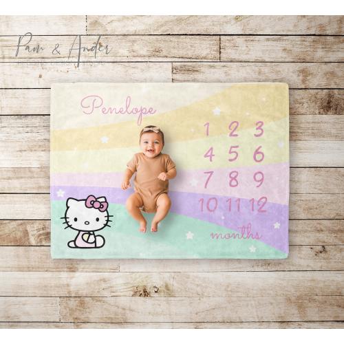 Kitty Milestone Blanket, Rainbow Baby blanket, Baby Girl Gift, Baby Shower Gift, Baby Blanket, Personalized Baby gift