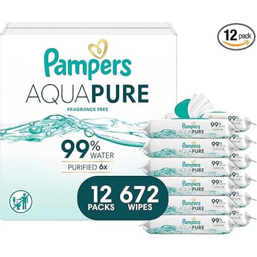 Pampers Aqua Pure Baby Wipes, 99% Water, Fragrance Free, Unscented, Water Based, Multi-Use, 672 Wipes Total (12X Flip-Top Packs) [Packaging May Vary]