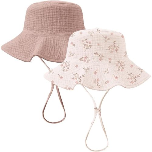 Konssy 2-Pack Muslin Baby Girl Sun Hats with Wide Brim, UPF 50+, 0-6& 6-12M