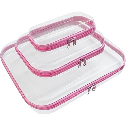 3 Pcs Clear Hard Zipper Case, Hard Shell Plastic Clear Organizer Bag, Transparent Makeup Pouches, Portable Box for Travel Toiletries Storage Bins (Pink, Multi)