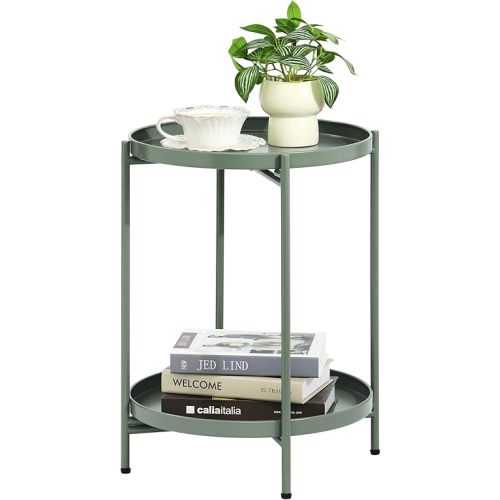 2-Tier Round End Side Table, Small Metal Side Table with Removable Tray, Folding Accent Tables for Living Room, Balcony, Nightstand for Bedroom, Outdoor Tables for Patio, Sage Green