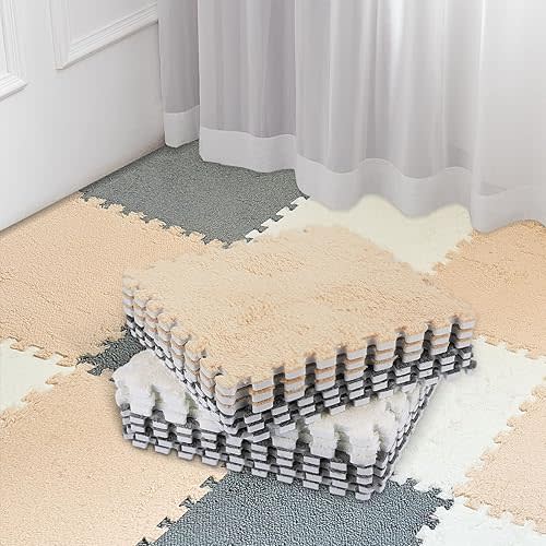 Amylove 72 Pieces Plush Foam Floor Mat Square Interlocking Carpet Tiles with Border 12 x 12 x 0.4 in Fluffy Play Mat Floor Tiles Soft Climbing Area Rugs for Home Playroom(White, Gray, Beige) | Soft, Plush, Fluffy, 72pcs, Interlocking, Floor Tiles, Border,