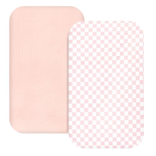 Hooyax Muslin Bassinet Sheets 2 Pack for Baby, Compatible with Bedside Sleeper Bassinet Fitted Sheets for Girls Boys, Ultra Soft and Skin-Friendly for Girls (Pink, Checkered)