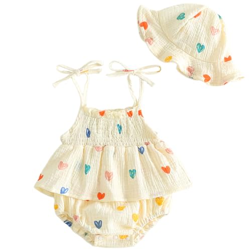 Mubineo Baby Girl Summer Clothes Cute Romper Dress Cotton Linen Skirt Sleeveless Smocked Rompers Sun Hat Boho Outfits
