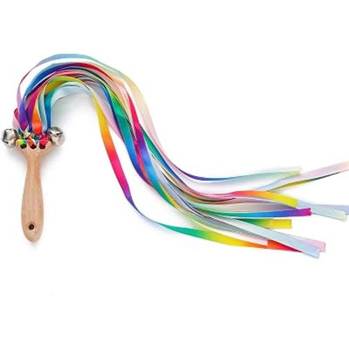 Wooden Printed Ribbon Rattle Hand Kite Toys Develop Hearing Recognition Sensory Shower Birthday Gift Toy Rings for Rings Dance