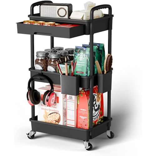 Sorgion 3 Tier Rolling Cart Organizer,Laundry Room Bathroom Organizers and Storage Office Shelves Mobile Shelving Unit Kitchen Trolley Cart with Wheels for Art,Craft,Diaper,Bedside,Snack(Black)