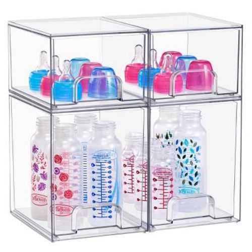 Sorbus 4 Piece Clear Stackable Pull-Out Storage Organizer Bins for Baby Bottles, Bathroom, Kitchen and More