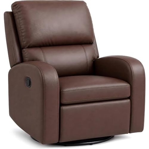 360° Swivel Glider Rocker Recliner Chair, Manual Faux Leather Rocking Recliner with Side Pull Handle, Upholstered Lounge Chair for Living Room, Bedroom, Nursery & Office, Brown
