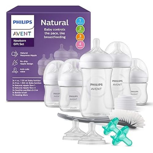 Philips Avent Natural Response Baby Gift Set - 3X 4oz Bottles with Slow Flow Nipple (Level 2), 2X 9oz Bottles with Medium Flow Nipple (Level 3), 2 Extra Nipples, 2X Soothie Pacifiers 0-3m, SCD838/02
