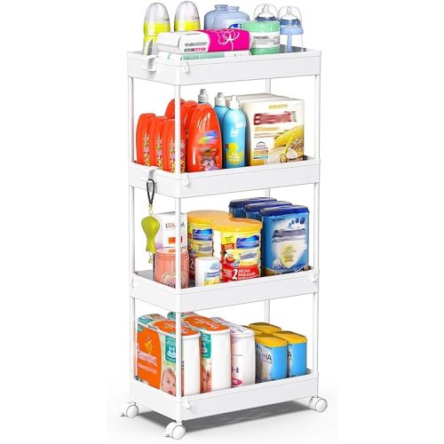 SPACEKEEPER Storage Cart, 4-Tier Mobile Shelving Unit, Bathroom Rolling Cart Utility Storage Organizer Shelf for Kitchen Living Room Bathroom Laundry Room & Dressers, White