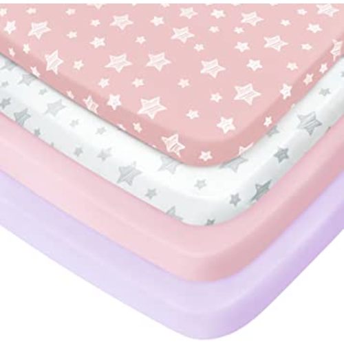 Pack and Play Sheets Girl, 4 Pack Mini Crib Sheets, Stretchy Pack n Play Playard Fitted Sheet, Compatible with Graco Pack n Play, Soft and Breathable Material, Pink