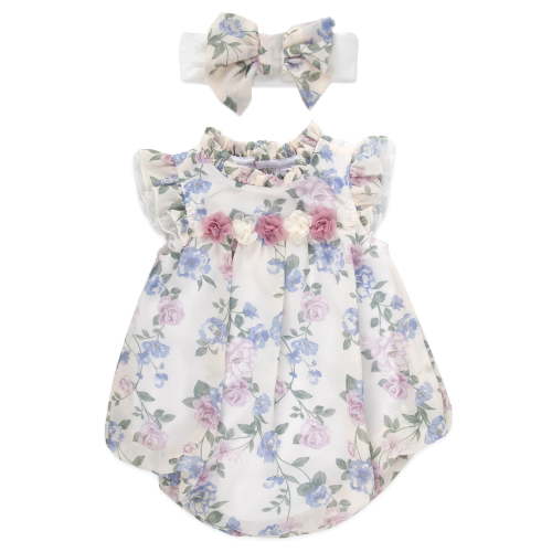 Baby Essentials 9 Months Infant Girls Romper with Matching Headband 100% Polyester Spring Summer Outfit in Pink White Floral
